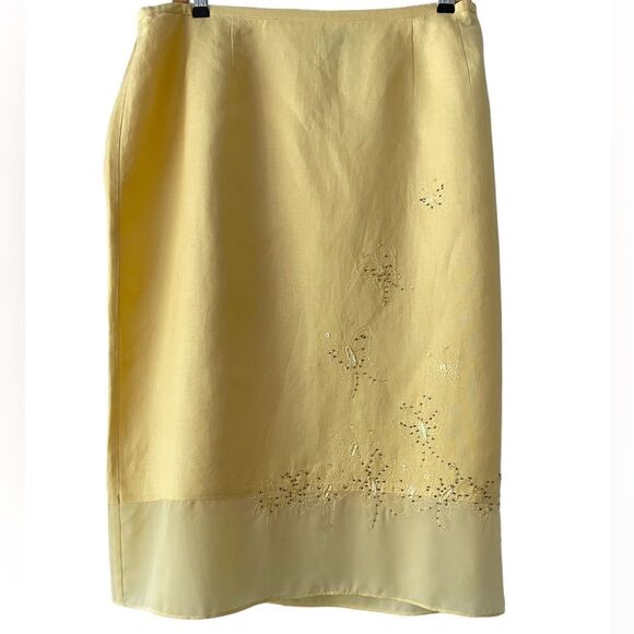 Plaza South Linen Blend Yellow MIDI Skirt with butterfly embroidery sequin Sz 18 - Picture 1 of 10
